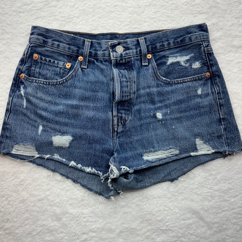 Levis 501 Premium Distressed Denim Shorts Medium Wash Blue Button Fly High Rise